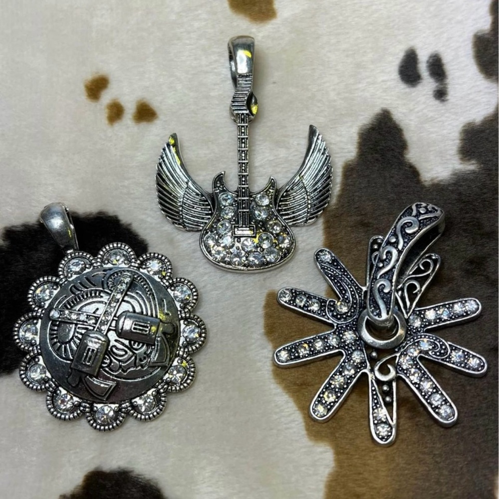 3 Large Pendants w/Magnetic Clasps - Guitar, Spur Rowel, Pistol Concho